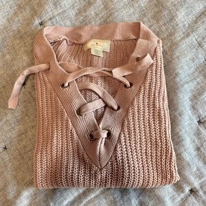 Mauve Knit Sweater With Lace-Up Detail